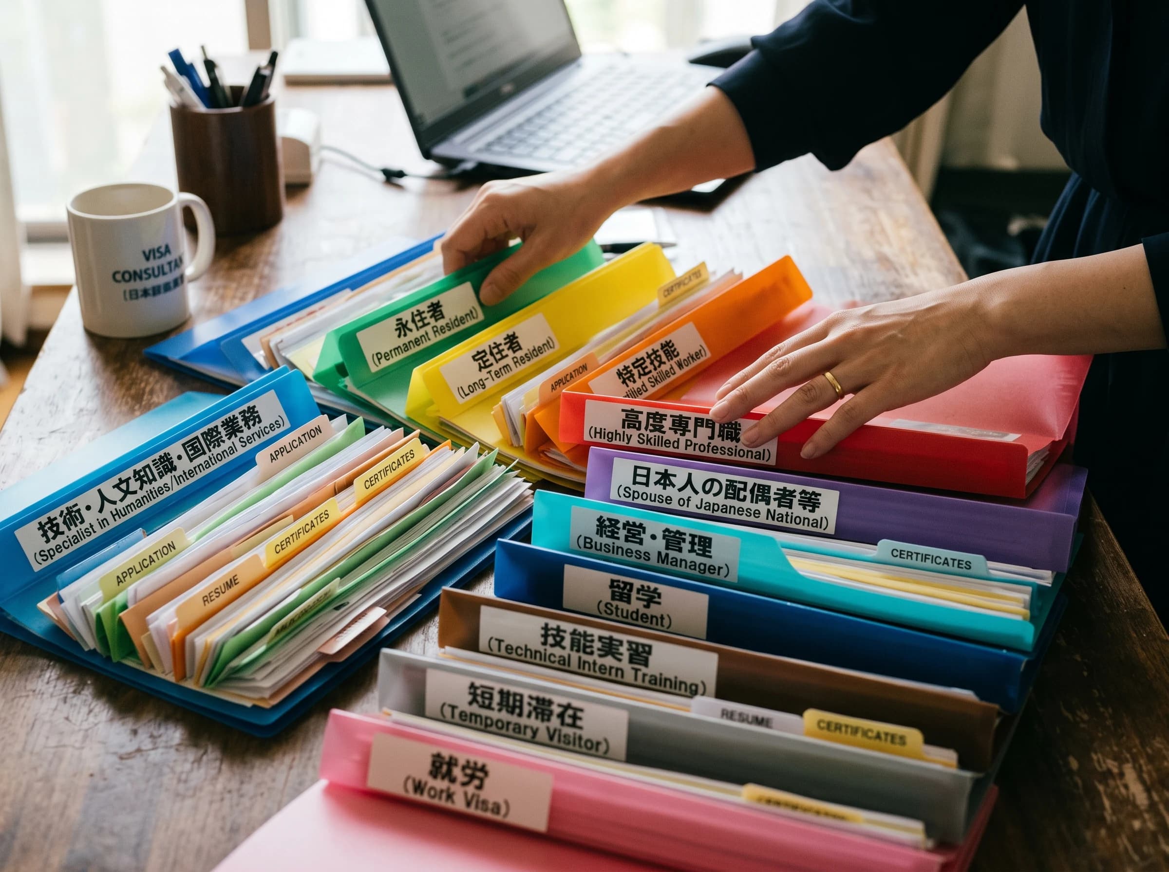 複数の在留資格の書類を整理している様子